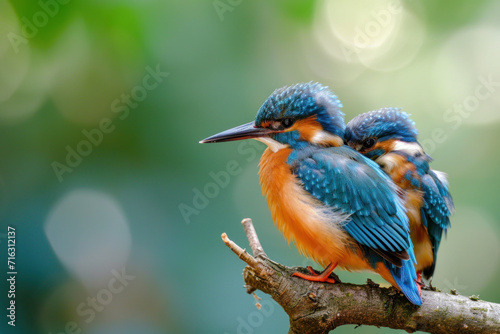 A kingfisher with her cub, mother love and care in wildlife scene