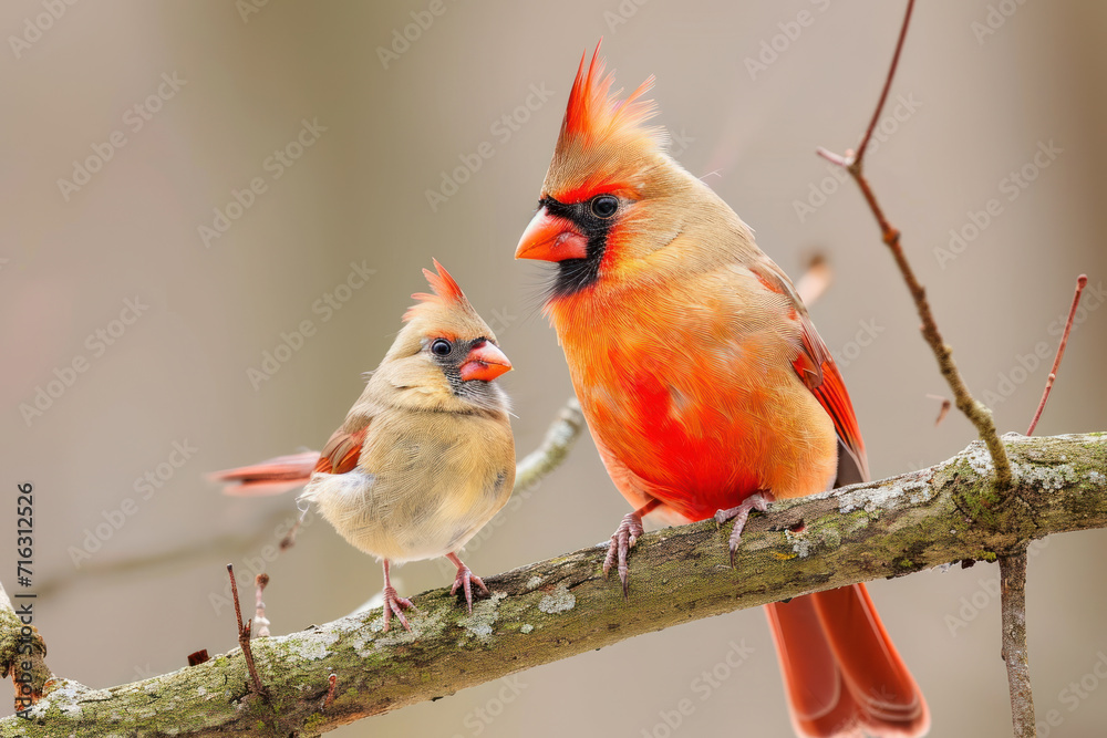 A Northern Cardinal with her cub, mother love and care in wildlife scene A Northern Cardinal with her cub, mother love and care in wildlife scene