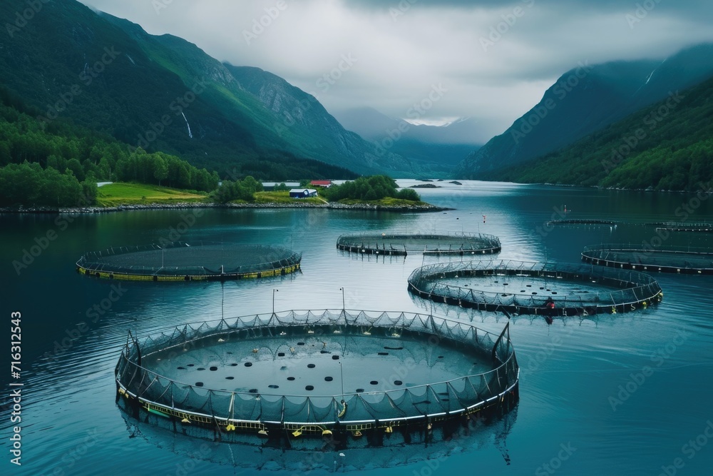 Fish cages floating in the middle of a body of water. Can be used to depict aquaculture or fish farming - obrazy, fototapety, plakaty 