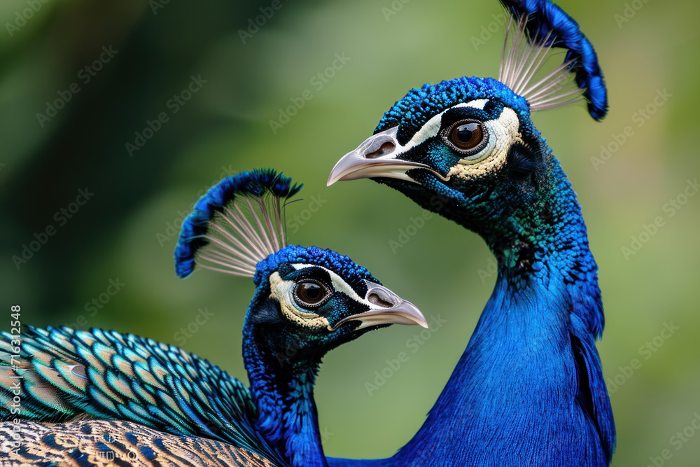A peacock with her cub, mother loves and cares in wildlife scene A peacock with her cub, mother loves and cares in wildlife scene