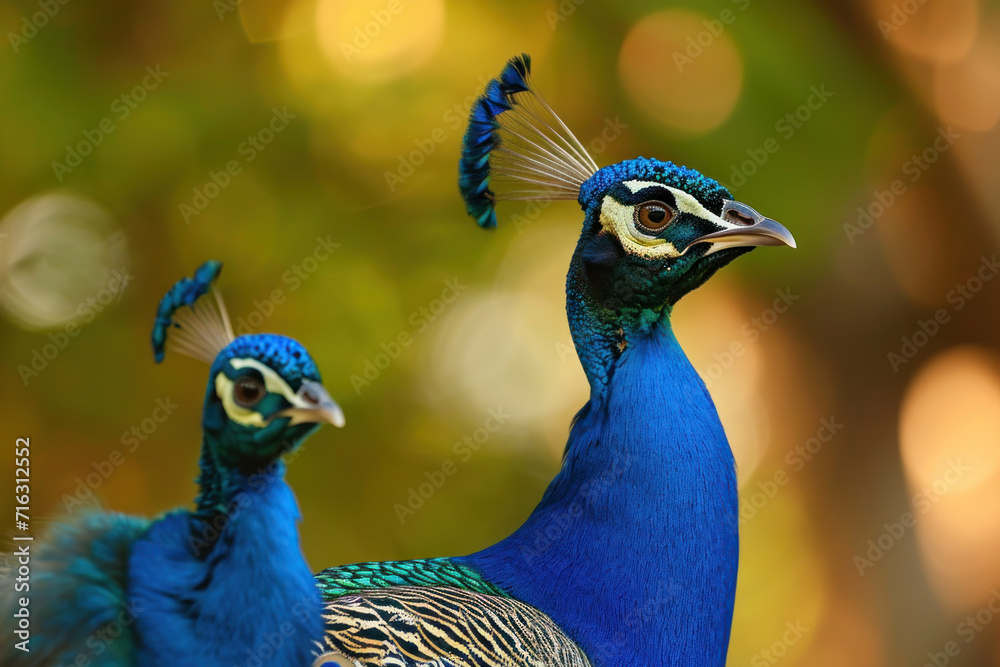 A peacock with her cub, mother loves and cares in wildlife scene A peacock with her cub, mother loves and cares in wildlife scene