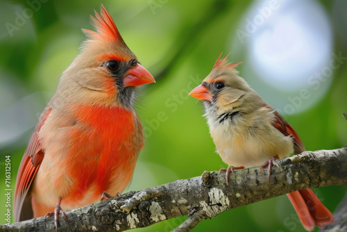 A Northern Cardinal with her cub, mother love and care in wildlife scene