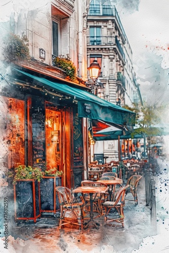 A beautiful watercolor painting of a cafe in Paris. Perfect for adding a touch of elegance to any space.