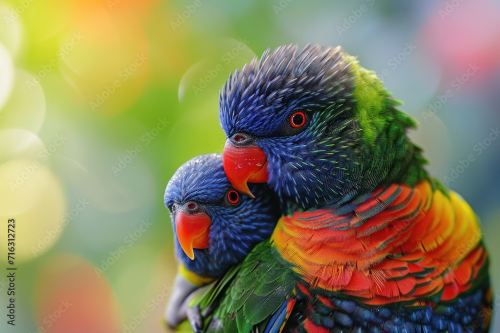A Rainbow Lorikeet with her cub, mother love and care in wildlife scene A Rainbow Lorikeet with her cub, mother love and care in wildlife scene