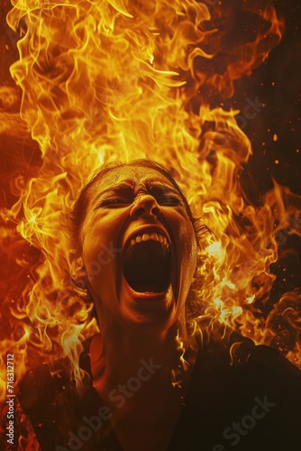 A woman expressing fear or panic while standing in front of a blazing fire. This image can be used to depict danger, emergency situations, or the concept of being trapped in a dangerous situation