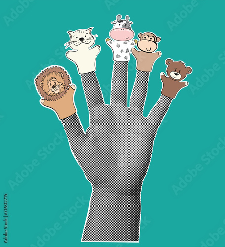 Finger puppet theatre. Cute hand drawn animals toys. Female hand halftone.