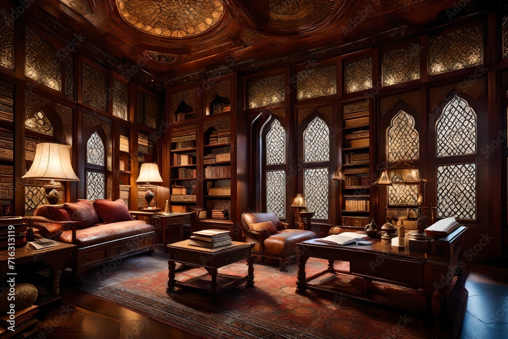 Middle-Eastern study, with intricate wooden furnishings, leather accents, and soft lighting, creating an atmosphere of intellectual refinemen