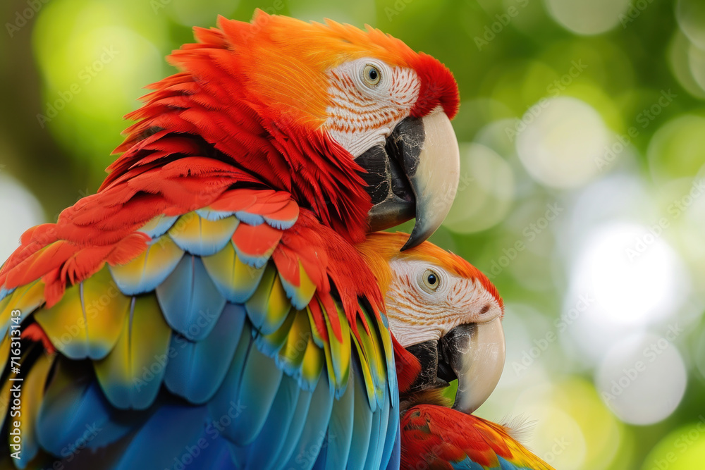 A Scarlet Macaw with her cub, mother love and care in wildlife scene