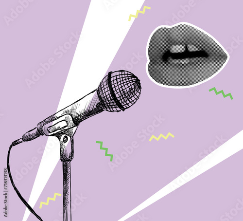 Vector music collage with sketch of microphone and lips in halftone