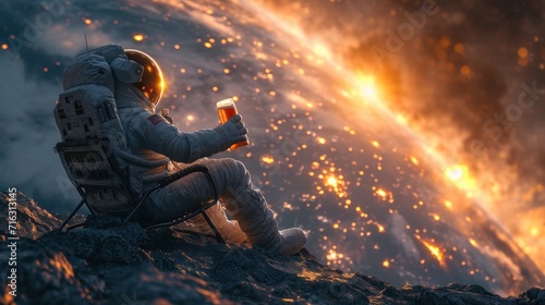 Astronaut sits on a chair under the rays of a bright star while drinking beer on an alien planet