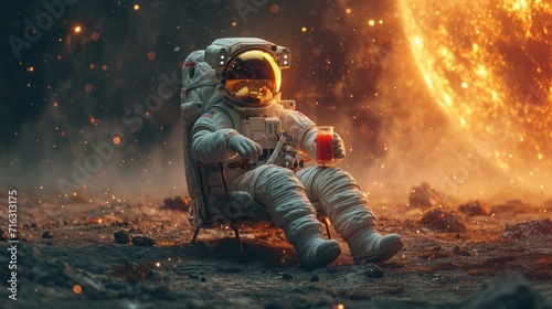 Astronaut sits on a chair under the rays of a bright star while drinking beer on an alien planet photo
