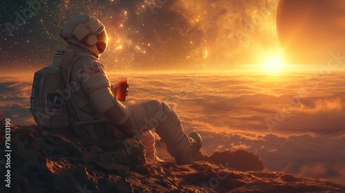 Astronaut sits on a chair under the rays of a bright star while drinking beer on an alien planet