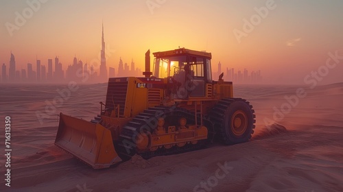 Construction tractor, truck in desert in Dubai, United Arab Emirates at background