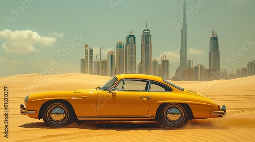 Yellow car in desert in Dubai  United Arab Emirates at background