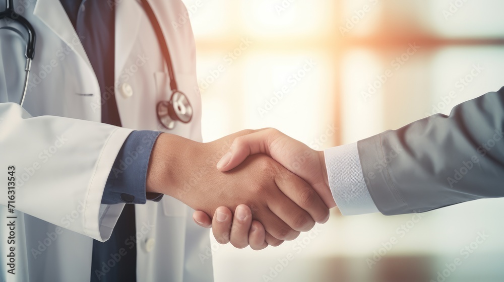 Close up doctor hand touching hand of patient, showing kindness and encourage for medication and treatment