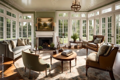  American colonial-style living room  featuring a fireplace  classic furniture  and large windows overlooking a green backyard 