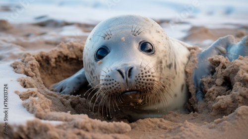 A curious baby seal lies on a sandy beach and stares at the camera with big soulful eyes under the soft light of the rising sun. Wildlife Conservation. The problem of global warming