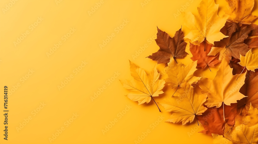 Autumn fall leaves. Maple leave in the corner of yellow background. Top view with copy space.