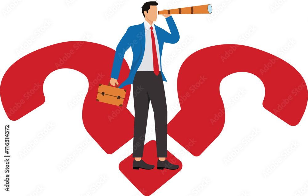 People's confusion, Overwhelmed Businessman standing next to huge question mark, People's confusion, Overwhelmed Businessman standing next to huge question mark,