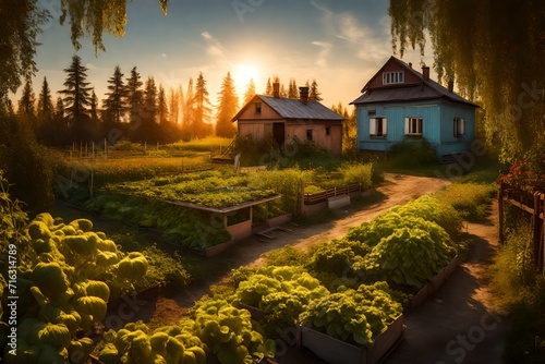 a Russian dacha surrounded by flourishing vegetable gardens, with the warm glow of the setting sun casting long shadows photo