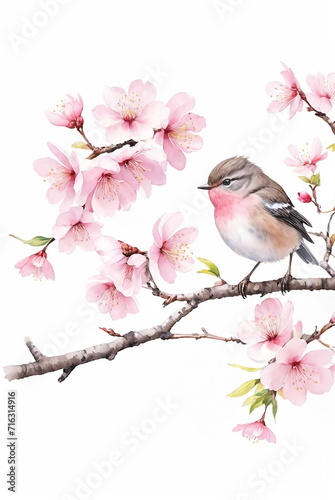 A Nightingale and Cherry Blossoms, watercolor painting, ウグイス, 鶯, うぐいす, 桜, illustration art, Generative AI © Infiniti_Dreamer