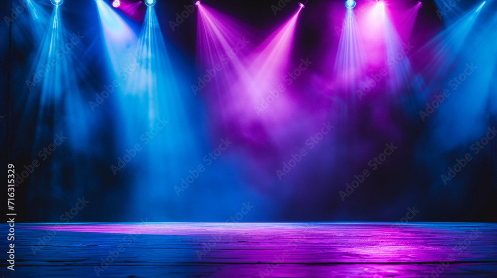 spotlight, Theater stage light background with spotlight illuminated the stage for opera performance. Stage lighting. Empty stage with bright colors backdrop decoration, Ai generated image  - obrazy, fototapety, plakaty 