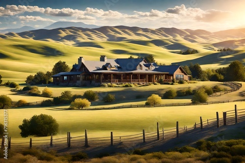 American ranch-style home exterior, surrounded by vast open space, with a blue sky and rolling hills in the background