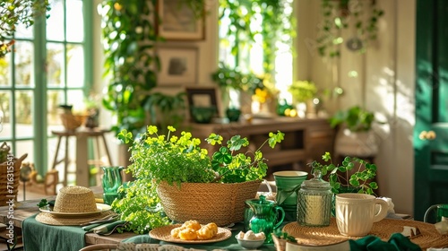 Living room in St. Patrick's Day. Green garlands, a festive table, hats, and beads. AI Generated