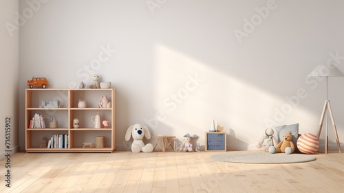 A minimalistic children’s room with a wooden floor, a bookshelf with various items, a large stuffed dog, a small seating area with stuffed animals, and a lamp in the corner.