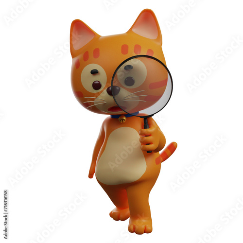   3D illustration. Smart 3D Cat Cartoon Character using a magnifying glass. shows a thoughtful expression. has a cute mustache. 3D Cartoon Character