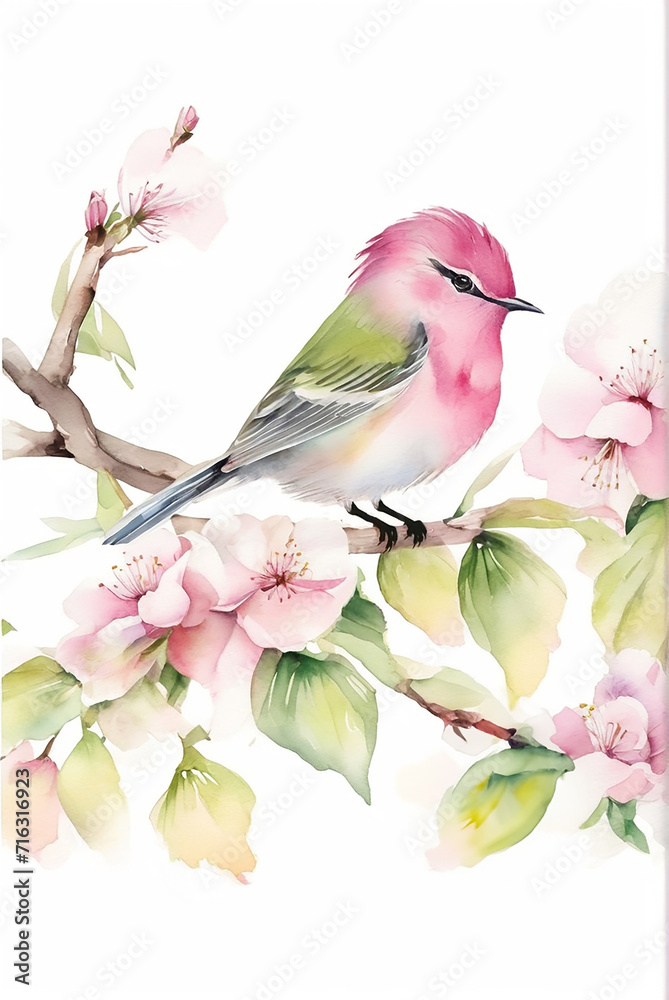 A little bird and Cherry Blossoms, watercolor painting, 小鳥, 鶯, うぐいす, 桜, illustration art, Generative AI