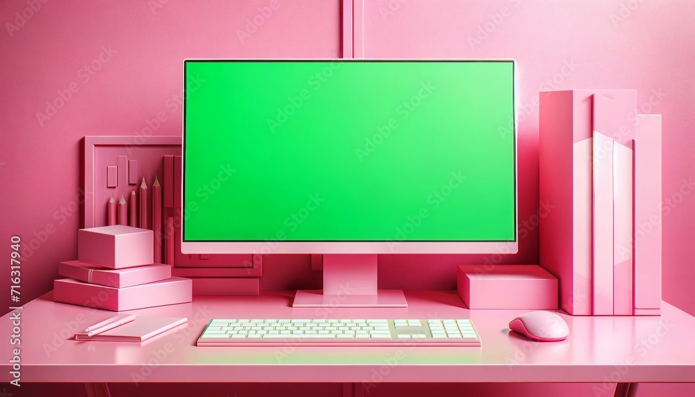 Desktop computer with green screen in a pink-themed setup Desktop computer with green screen in a pink-themed setup