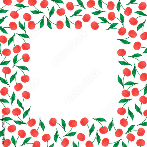 Hand drawn watercolor cherry frame border isolated on white background. Can be used for cards, label and other printed products.