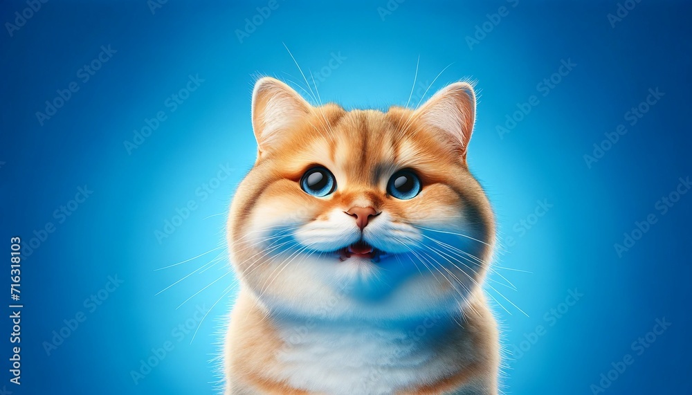 Funny cat with blue eyes on blue background. Funny pet.