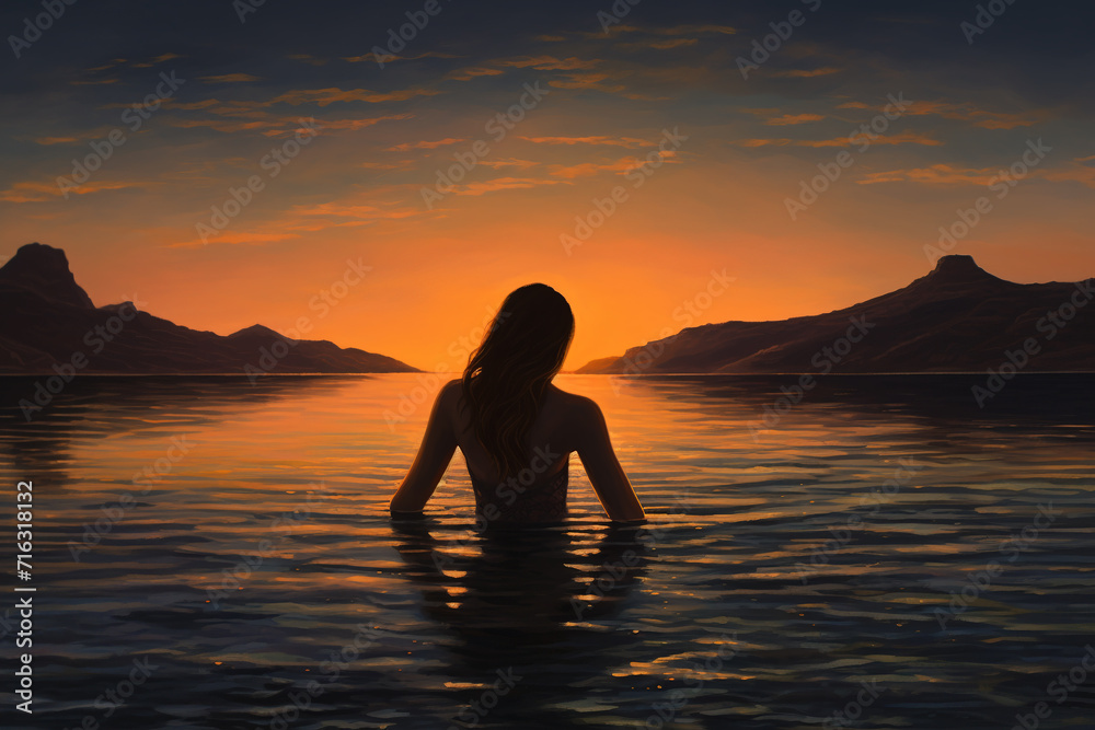 Silhouette of a beautiful young woman in the sea at sunset. Young woman meditating in the sea at sunset. Yoga concept. 