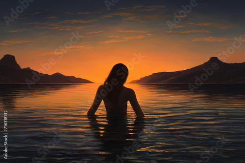 Silhouette of a beautiful young woman in the sea at sunset. Young woman meditating in the sea at sunset. Yoga concept. 