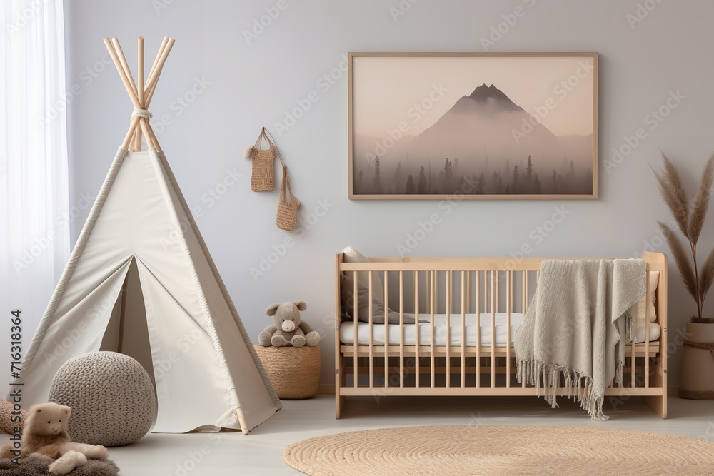 A modern nursery with a white teepee, wooden crib, and a large photo of a mountain landscape on the wall. The room is decorated with neutral colors and natural materials A modern nursery with a white teepee, wooden crib, and a large photo of a mountain landscape on the wall. The room is decorated with neutral colors and natural materials