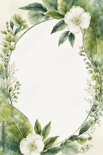 Wedding invitation design in moss green and ivory palette, watercolor style, copy space