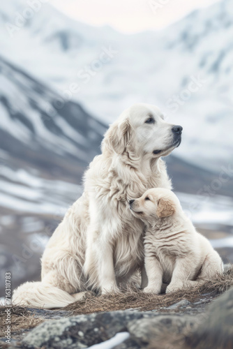 A dog with her cub, mother love and care in everyday life