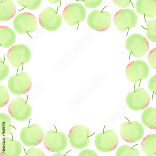 Hand drawn watercolor green apple frame border isolated on white background. Can be used for cards, label and other printed products.