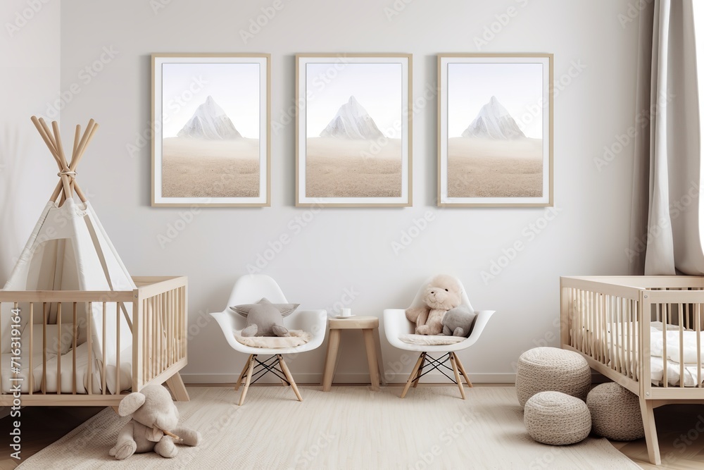 Fototapeta premium a modern nursery with a white crib, teepee, and rocking chair. The walls are decorated with framed art of mountains and a bear. The room has a neutral color scheme and a cozy rug.