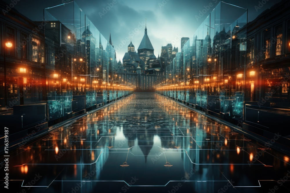 A futuristic depiction of a cityscape, with holographic shields and firewalls protecting digital assets.