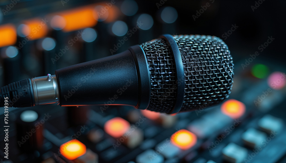 Microphone on lights background. World rock and roll day, radio day, day broadcasting. Concept of music, song Microphone on lights background. World rock and roll day, radio day, day broadcasting. Concept of music, song