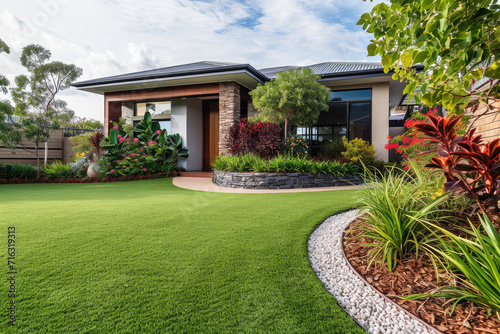 A contemporary Australian home or residential buildings front yard features artificial grass lawn turf with timber edging, and a big flowers garden photo
