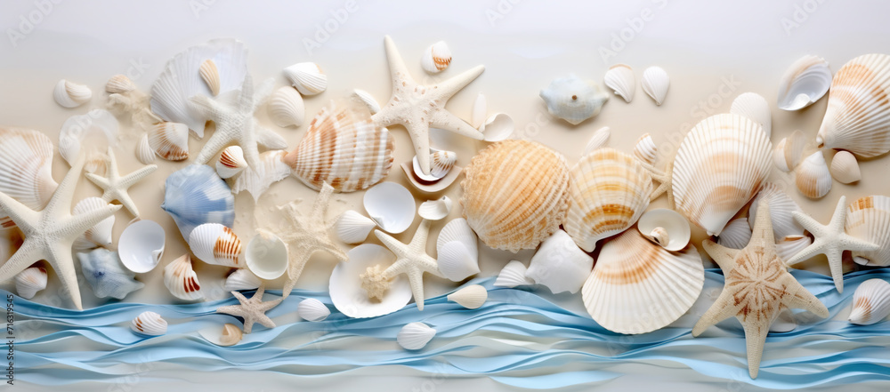 Fototapeta premium seashells and starfish on a white background with blue waves. Seashells and starfish on white background, top view