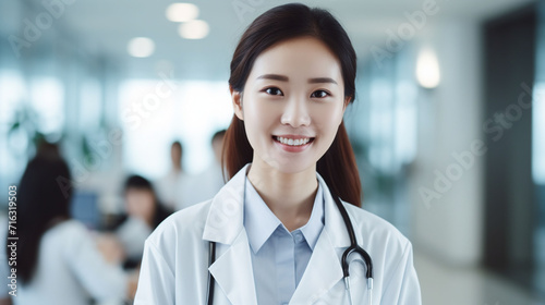  A beautiful Asian female doctor is smiling at the camera while standing in the background of a hospital.