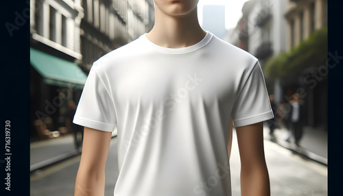 Male Teenager in White T Shirt Mockup with Cityscape Background
