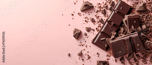 Scattered pieces of dark chocolate on a pink surface, rich and inviting. photo