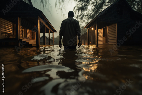 Rear view of a man standing in a flooded house at night. rain, flooding, flooded houses