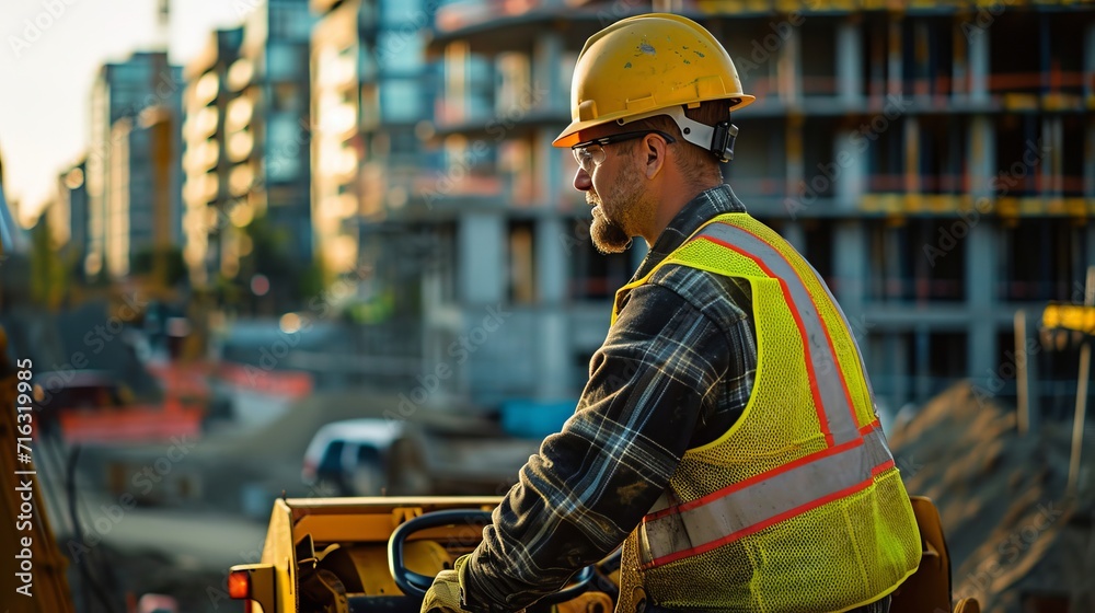 Worker Wearing Safety Vest and Hard Hat on Construction Site Worker Wearing Safety Vest and Hard Hat on Construction Site